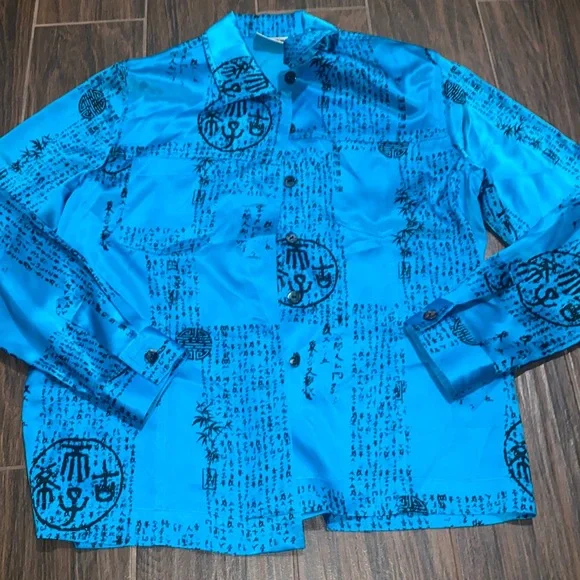Chicos Design blue vintage Asian print silk blouse - Picture 1 of 4